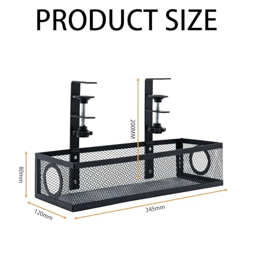 Under Computer Desk Cable Management Tray, No Drill Clamp-On Cord Organizer, Sturdy Metal Wire Tray for Office & Home Desks, Black