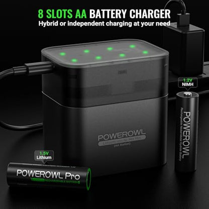 POWEROWL Rechargeable Lithium AA Batteries 8 Pack with Charger, 1.5V 3600mWh Double A Battery with Li-ion/NiMH Charger Storage Box for Camera, Game Controller