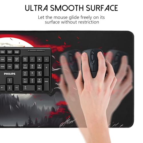 FreeNook Large Gaming Mouse Pad, Anime Black Mousepad with with Non-Slip Base, Expanded Cool Desk Mat, Mountain Moon Scenery XL Keyboard Mat Suitable for Home Office,31.5 X 15.7 Inch - color: Trees Mountains, size: 31.5L x 15.7W inches