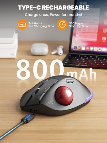 Wireless Trackball Mouse, Adjustable Angle, Rechargeable, Backlit-Red Ball | MAM1 Pro Ergonomic Mouse Rollerball Thumb mice with 5 Level DPI, 3 Devices Connection (USB & Bluetooth ) for PC, Windows - color: Red Ball