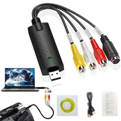 Capture Card, USB Video Capture Card Device, Audio Video Converter Grabber for RCA to USB-Convert VHS Mini DV VCR Hi8 DVD to Digital, for PC TV Tape Player Camcorder, MAC Windows Vista Compatible