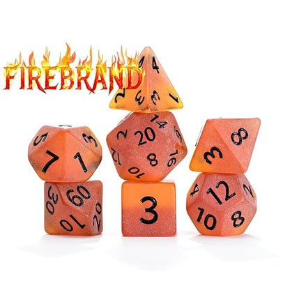 and Dice: Sea Glass Dice: Firebrand - 7pc RPG Set, Flaming Yellow & Fire Damage Orange Frosted Matte Resin, Role Playing Games Dice - style: Firebrand