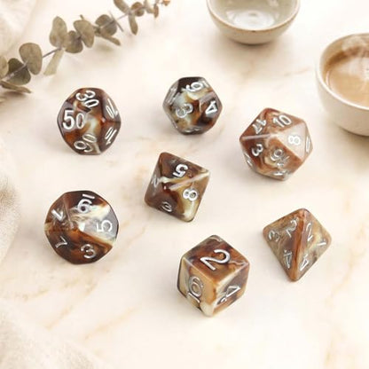 Haxtec Coffee DND Dice Set, 7-Piece Resin Polyhedral Dice for Table Games | Brown Latte RPG Dice with Velvet Pouch, D20 with Espresso Cup Icon, Compatible with Dungeons and Dragons, MTG Gifts - color: Coffee