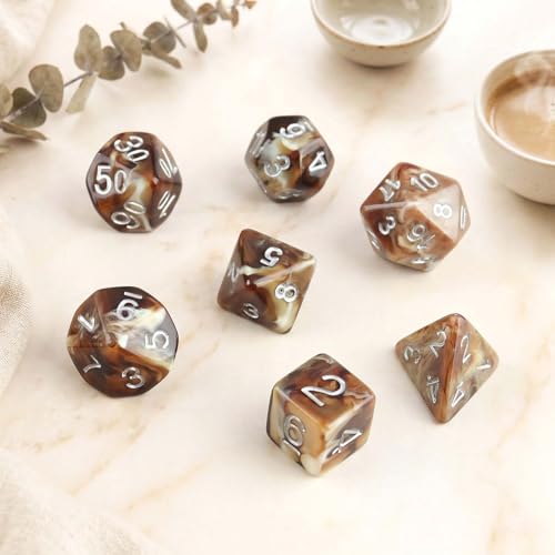 Haxtec Coffee DND Dice Set, 7-Piece Resin Polyhedral Dice for Table Games | Brown Latte RPG Dice with Velvet Pouch, D20 with Espresso Cup Icon, Compatible with Dungeons and Dragons, MTG Gifts - color: Coffee