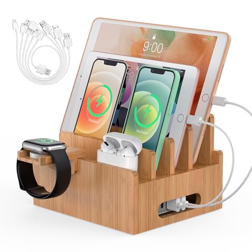 Pezin & Hulin Cell Phone Charging Stations, Bamboo Dock Organizer for Multi Devices, Tablets, Smart Watch, with Pack 5 Cables, No Power Charger Supply - color: Dock Rack +Cables