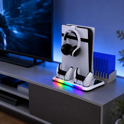 PS5/Slim/Pro Stand for Disc & Digital Console | Controller Charging Station, RGB Light & 3 Level Cooling Station , PS5 Accessories Headset Holder, Game Card Holder - color: White LED
