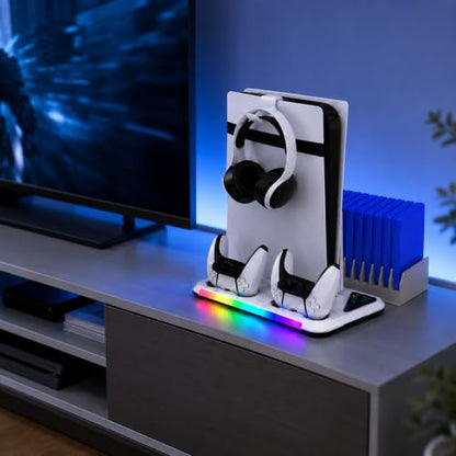 PS5/Slim/Pro Stand for Disc & Digital Console | Controller Charging Station, RGB Light & 3 Level Cooling Station , PS5 Accessories Headset Holder, Game Card Holder - color: White LED