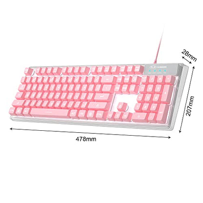 MageGee Gaming Keyboard, 7 Solid Colors Backlit Wired Gaming Keyboard with Clear Housing and Double-Shot Keycaps, K1 Waterproof Ergonomic 104 Keys Light Up Keyboard for PC Desktop Laptop, Pink