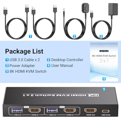 HDMI KVM Switch 1 Monitor 2 Computers, 8K60Hz 4K120Hz USB 3.0 2 Port HDMI KVM Switch for 2 PC Management Via 1 Set of Keyboard Mouse and 1 Monitor