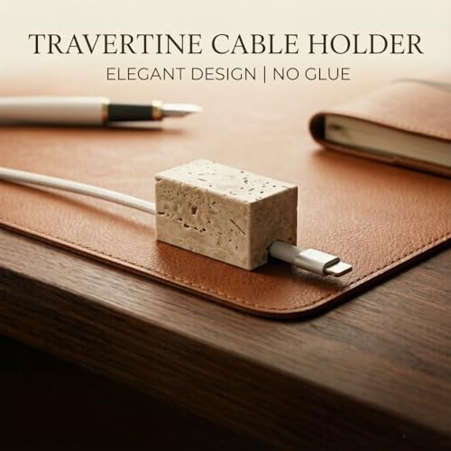 Travertine Cord Holder-Cable Organizer for Desktop, Nightstand | Natural Travertine Stone, Non-Slip Desk Cable Holder, Paperweight, Minimalist Desk Accessories