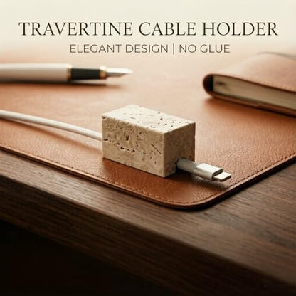 Travertine Cord Holder-Cable Organizer for Desktop, Nightstand | Natural Travertine Stone, Non-Slip Desk Cable Holder, Paperweight, Minimalist Desk Accessories