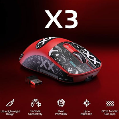 ATTACK SHARK X3 Wireless Gaming Mouse, 49g Bluetooth/2.4G/USB-C Ergonomic Computer Mouse, PAW3395 26K DPI Sensor, 200h Battery Life, Programmable Buttons Griptape, Gaming Accessories for PC/Laptop/Mac - color: Red & Griptape