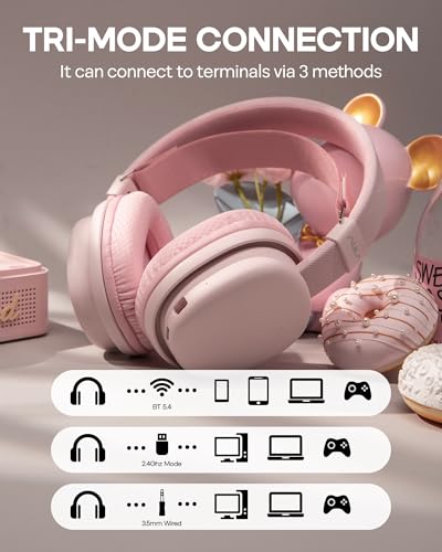 MechLands Aula G7 Wireless Gaming Headset for PS4/PS5/PC/Switch, Over-Ear Headphones with Detachable Noise Canceling Mic, RGB, Surround Sound, 60H Battery, 2.4GHz/BT/Wired (Pink) - color: Pink
