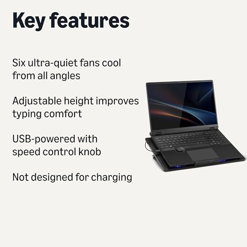 Amazon Basics Laptop Cooling Pad Stand with 6 Quiet Fans, Height Adjustable, for 12-17 inch Laptops, with USB-A and USB-C Ports
