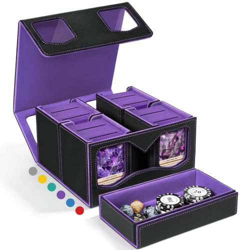 Fabmaker Deck Box Compatible with MTG, Large Capacity Trading Card Storage Box for Comman-der, 5-in-1 Leather Magnetic Closure Card Box with Token Tray, Card Box Compatible with Magic the Gathering - color: Purple, size: 4 pack