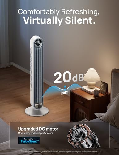DREO Tower Fan for Bedroom, Upgraded DC 28ft/s Velocity, 20dB Quiet Fan | 9 Speeds Standing Fan, 90° Oscillating Cooling Fan, 4 Modes, 12H Timer, Bladeless Fan Powerful for Home, White - color: White