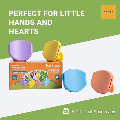 BORICO 4 Pack Playing Card Holders for Kids & Adults - Handheld/Tabletop Use/Drawstring Pouch, Perfect for Game Nights & Travel (4 Colors)