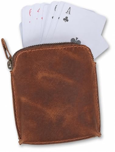 Premium Full Grain Leather Playing Card Case, Zippered Playing Card Holder for Poker Bridge Cards, Durable Leather Card Deck Storage Organizer Travel Card Carrying Pouch Multi Purpose Wallet - color: Tan