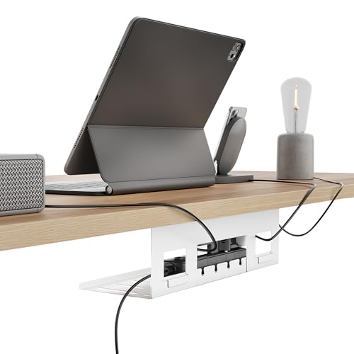 PEGZONE Under Desk Cable Management Tray, 15.7 Inches Metal Cord Organizer Rack, Desk Tray for Power Strip, Cord, Wire, Easy Mounting Cable Management Under Table for Home Office, White - color: White, size: 15.7"