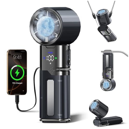 Portable Rechargeable Handheld Turbo Fan,9000mAh Multifunctional Cooling Fan with Ice Cooling ＆ Charging Function,Built-in Type-C Charging Cable & LED Display,100-Speed Wind,Suitable for Travel/Office