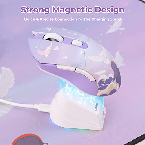 DAREU Wireless Gaming Mouse with Charging Dock Rechargeable RGB,12K DPI,6 Programmable Buttons High-Precision Sensor [300IPS] [1000Hz] for PC Notebook Mac - color: Dream Purple & Charging Dock