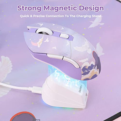 DAREU Wireless Gaming Mouse with Charging Dock Rechargeable RGB,12K DPI,6 Programmable Buttons High-Precision Sensor [300IPS] [1000Hz] for PC Notebook Mac - color: Dream Purple & Charging Dock