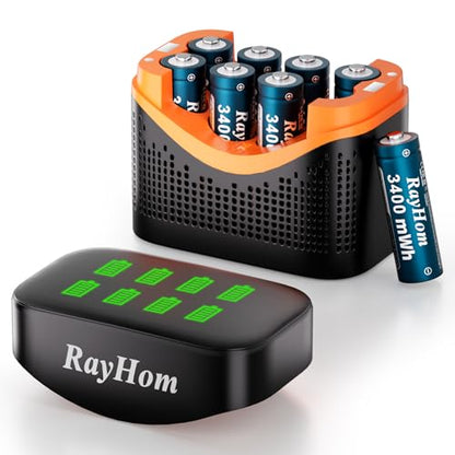 8-Pack 3400mWh Rechargeable Lithium aa Batteries with Charger | 1.5V Constant, 8-Slot Double A Li-ion Charger Storage Box with Smart Charging, Multiple Charging Protections - color: 8AA+Charger-1