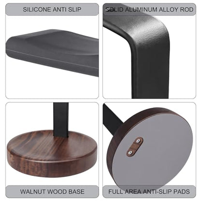GEVO Headphone Stand for Desk - Walnut Wood & Aluminum Headset Stand, Universal Wooden Gaming Headphone Holder for AirPod Max, Bose, Sony, Razer, Jabra, JBL (Walnut Circular Base)