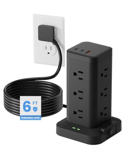 Power Strip Tower with Surge Protector 1800J, Fast Charging Tower PD20W USB-C Ports with 12 AC Outlets, Extension Cord for Home Office Dorm Room, 6ft, Black - color: Black, size: 6ft