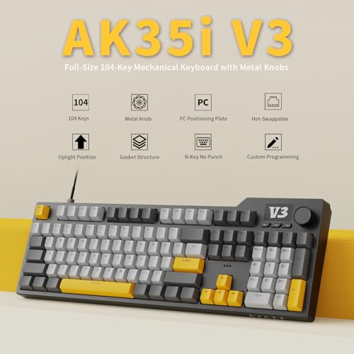 AJAZZ AK35I V3 104-Key Full Size Wired Gasket Mount Gaming Keyboard with Multimedia Buttons & Knob Control | Five Layer Pad | OEM Profile PBT Keycaps | Blue Backlit Custom Keyboard - color: AK35i V3 Black Wired