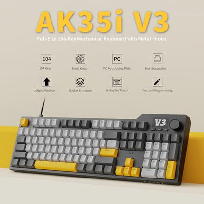 AJAZZ AK35I V3 104-Key Full Size Wired Gasket Mount Gaming Keyboard with Multimedia Buttons & Knob Control | Five Layer Pad | OEM Profile PBT Keycaps | Blue Backlit Custom Keyboard - color: AK35i V3 Black Wired
