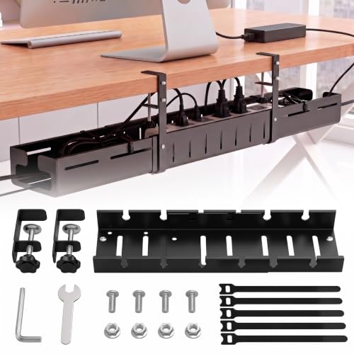 Under Desk Cable Management Tray, Expandable 25.2inch-38.6inch No Drill Clamp-On Wire Organizer, Heavy Duty Metal Cord Hider for Standing Desk Home Office, Black
