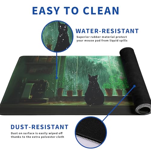 Green Black Cat Mouse Pad Abstract Big Mouse Pad 31.5x11.8 Inch Cat Texture Non-Slip Rubber Base Large Mousepad Stitched Edges Keyboard Mouse Mat Desk Pad for Office and Home - color: Green Black Cat