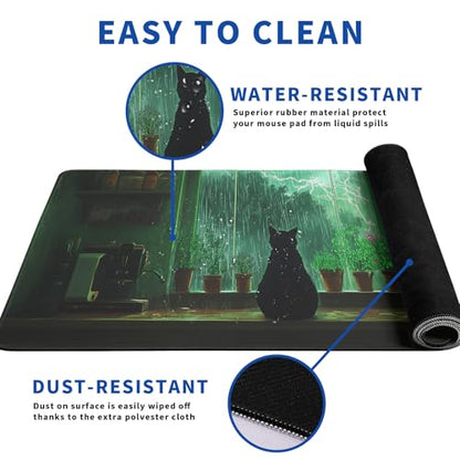 Green Black Cat Mouse Pad Abstract Big Mouse Pad 31.5x11.8 Inch Cat Texture Non-Slip Rubber Base Large Mousepad Stitched Edges Keyboard Mouse Mat Desk Pad for Office and Home - color: Green Black Cat