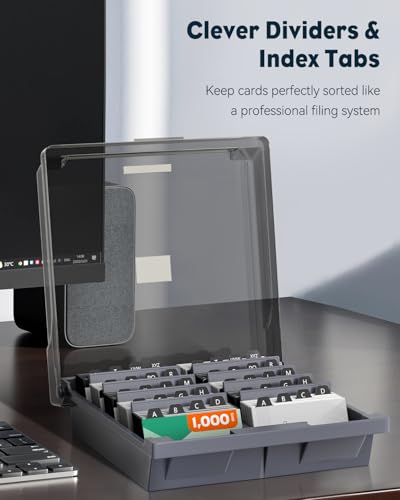 Uniclife Business Card Organizer with Lid & Dividers, 1000-Card Capacity | Desktop business card holder and name card storage box with A-Z index tabs for neat sorting, quick viewing and easy access - size: Large