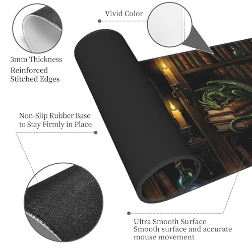 Wizard Library Large Gaming Mouse Pad 31.5 x 11.8 in Gothic Dragon & Magic Potions Desk Mat - Extended Non-Slip Rubber Base with Stitched Edges for Office & Home - color: 19