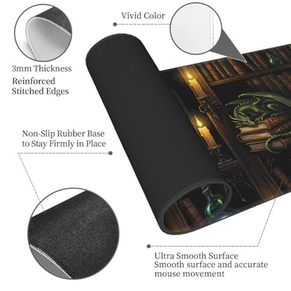 Wizard Library Large Gaming Mouse Pad 31.5 x 11.8 in Gothic Dragon & Magic Potions Desk Mat - Extended Non-Slip Rubber Base with Stitched Edges for Office & Home - color: 19
