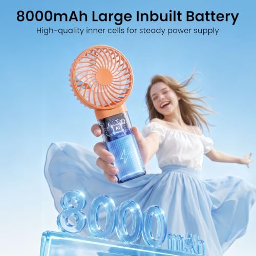 HandFan 2026 𝐔𝐩𝐠𝐫𝐚𝐝𝐞𝐝 Handheld Fan, Hands Free Necklace Fan with lanyard, 8000𝐦𝐀𝐡, 38 Hours Cooling Runtime,180° Foldable (Orange) - color: Clear‑Blade Orange