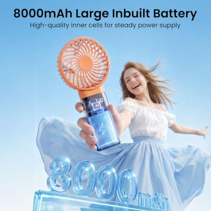 HandFan 2026 𝐔𝐩𝐠𝐫𝐚𝐝𝐞𝐝 Handheld Fan, Hands Free Necklace Fan with lanyard, 8000𝐦𝐀𝐡, 38 Hours Cooling Runtime,180° Foldable (Orange) - color: Clear‑Blade Orange