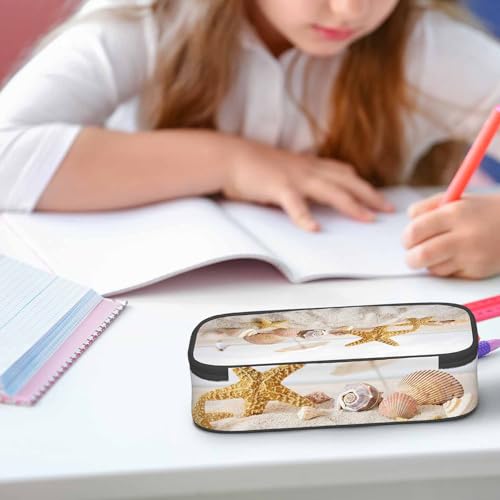 Starfish Seashells Pencil Case Sand Beach Summer Pencil Bag Pouch Box Organizer for College Student Teen Adults - color: Starfish Seashells