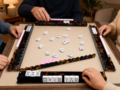 17.5 Inch Mahjong Racks with Magnetic Pushers, Tortoise Shell | Four-player acrylic set includes four racks, magnetic pushers and a divided storage bag for organized American mahjong play.