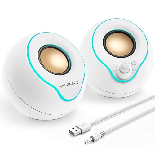 LENRUE Computer Speakers, PC Speakers with Colorful Lights Button, Volume Knob, 45 ° Tilt, Loud Sound, AUX and USB Powered for PC Desktop Monitor Laptop - color: pure white