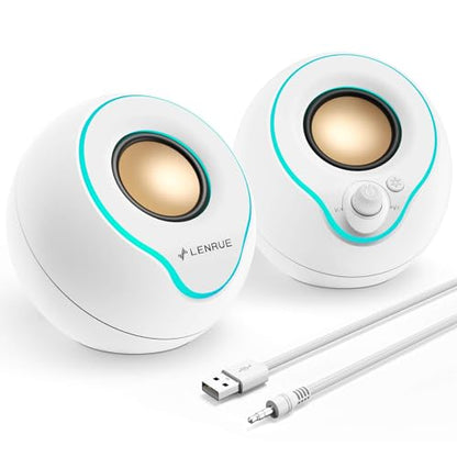 LENRUE Computer Speakers, PC Speakers with Colorful Lights Button, Volume Knob, 45 ° Tilt, Loud Sound, AUX and USB Powered for PC Desktop Monitor Laptop - color: pure white