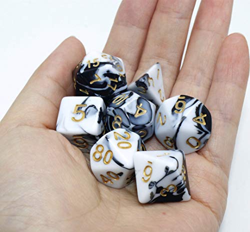 DND Dice Set Black & White Marble RPG Polyhedral Dice Fit Dungeons and Dragons(D&D) Pathfinder MTG Tabletop Role Playing Game 7-Die Dice Set - color: Black&white