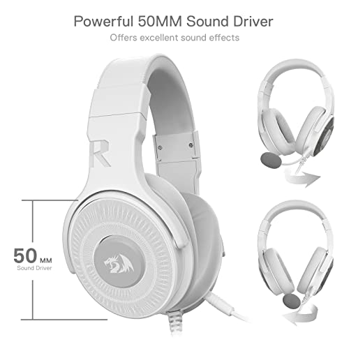 Redragon H350 White Wired Gaming Headset, Dynamic RGB Backlight - Stereo Surround-Sound - 50MM Drivers - Detachable Microphone, Over-Ear Headphones Works for PC/PS4/XBOX One/NS - color: White