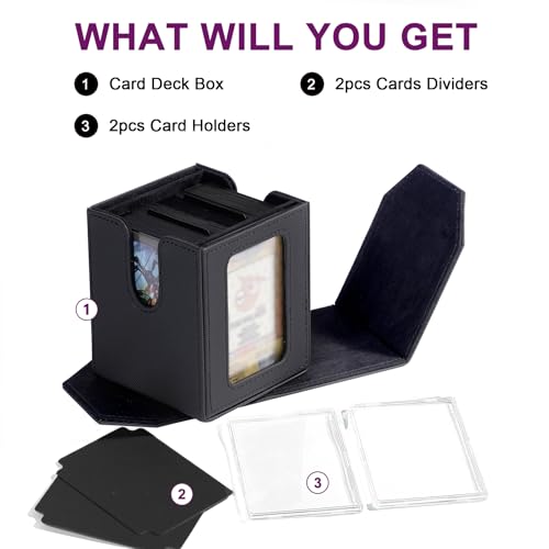 Commander Dual Display Deck Box — Patented Design Holds 130 Double-Sleeved/100 Triple-Sleeved Cards, Includes 2 Thick Card Bricks & 2 Dividers, Leather Multi-Function Storage Case (black - color: Black