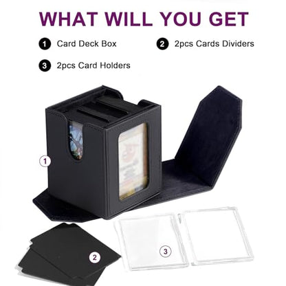 Commander Dual Display Deck Box — Patented Design Holds 130 Double-Sleeved/100 Triple-Sleeved Cards, Includes 2 Thick Card Bricks & 2 Dividers, Leather Multi-Function Storage Case (black - color: Black