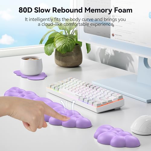 TECKNET Cloud Keyboard Wrist Rest Set, Cloud Wrist Rest with Non-Slip Base, PU Leather Wrist Pad for Keyboard with Ergonomic Memory Foam for Computer Laptop Office Gaming and Pain Relief, Purple - color: Purple