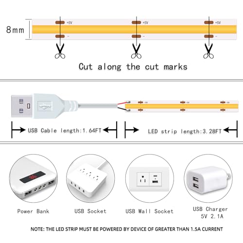 Short LED Strip Lights, COB 5V USB White 6500K (3.28FT) | 5W Small COB LED Strip, Flexible, Not Dimmable, For Display Cabinet Living Room DIY Home TV 3D Lighting - color: 3.28FT/6500K