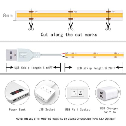 Short LED Strip Lights, COB 5V USB White 6500K (3.28FT) | 5W Small COB LED Strip, Flexible, Not Dimmable, For Display Cabinet Living Room DIY Home TV 3D Lighting - color: 3.28FT/6500K